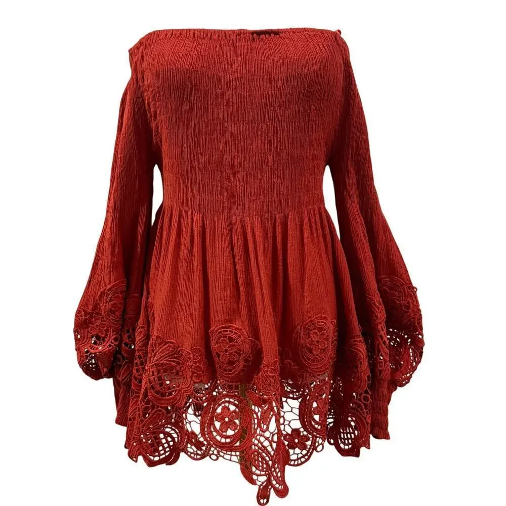Off Shoulder Orange Smocked Long Sleeve Lace Crochet Shirt Large Peasant Boho